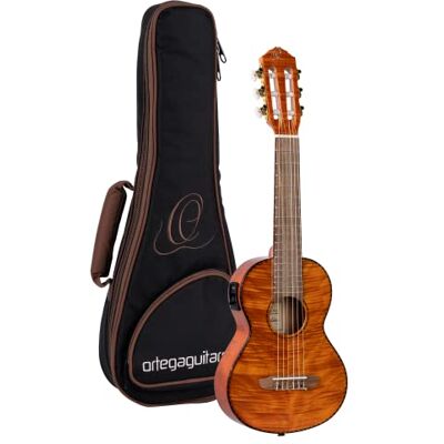 Ortega Guitars Guitarlele elektrische akoestische reisgitaar Mini/Travel Series 6 snaren inclusief Gigbag gevlamd mahogany (RGLE18FMH) Ortega Guitars Guitarlele elektrische akoestische reisgitaar Mini/Travel Series 6 snaren inclusief Gigbag gevlamd mahogany (RGLE18FMH)