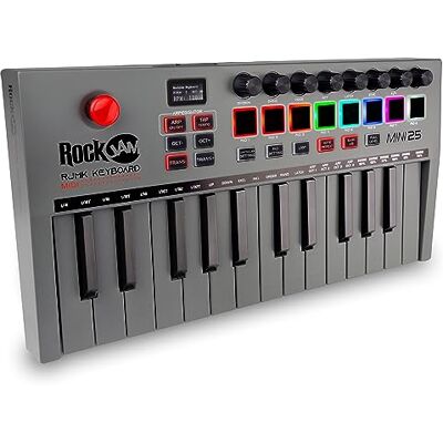 RockJam Go 25 Key USB & Bluetooth MIDI Keyboard Controller met 8 Backlit Drum Pads, 8 Knobs Oplaadbare USB MIDI-controller met 25 snelheidsgevoelige minitoetsen, 8 verlichte drumpads en 8 bedieningsknoppen RockJam Go 25 Key USB & Bluetooth MIDI Keyboard Controller met 8 Backlit Drum Pads, 8 Knobs Oplaadbare USB MIDI-controller met 25 snelheidsgevoelige minitoetsen, 8 verlichte drumpads en 8 bedieningsknoppen
