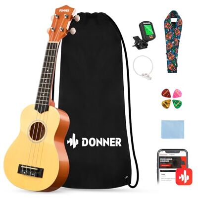 Donner Ukelele voor beginners, sopraan, ukelele, set, 21 inch, volwassenen, met tas, riem, tuner, online les, natuurlijke kleur Donner Ukelele voor beginners, sopraan, ukelele, set, 21 inch, volwassenen, met tas, riem, tuner, online les, natuurlijke kleur