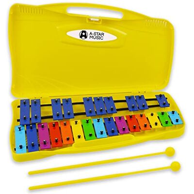 A-Star 25 Note Kleurrijke Rainbow Key Sopraan Chromatisch Glockenspiel Xylofoon in gele koffer met twee plastic kloppers 2 octaven G5 tot G7 A-Star 25 Note Kleurrijke Rainbow Key Sopraan Chromatisch Glockenspiel Xylofoon in gele koffer met twee plastic kloppers 2 octaven G5 tot G7