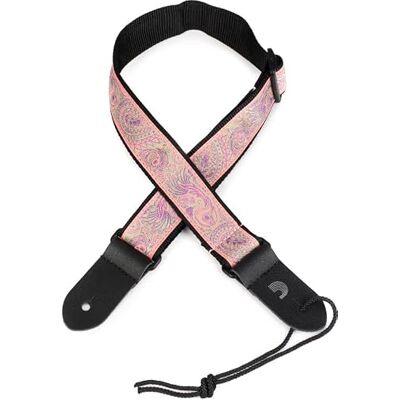 D'Addario Jacquard Ukelele Bandjes Ukelele Strap Geen Boor Paisley, Roze/Groen D'Addario Jacquard Ukelele Bandjes Ukelele Strap Geen Boor Paisley, Roze/Groen