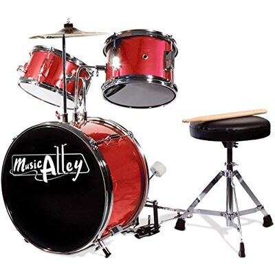 Music Alley DBJK02-MR Three Piece Junior Drum Kit for Kids with Cymbal Pedal Drum Stool and Drum Sticks Metallic Red Music Alley DBJK02-MR Three Piece Junior Drum Kit for Kids with Cymbal Pedal Drum Stool and Drum Sticks Metallic Red