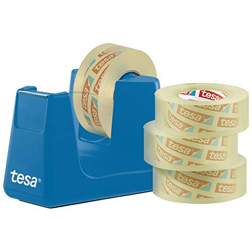 tesa Easy Cut Smart + 4 rollen film transparant 33 m: 19 mm robuuste dispenser met anti-slip functie in cyaan blauw en transparante kleeffilm