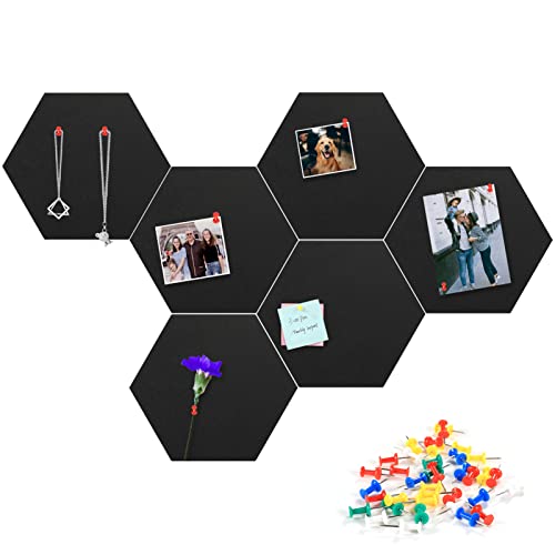 Tikea Prikbord Grote Memoborden Bulletin Board Pin Board Hexagon Felt Board Tegels Zelfklevend memobord met 15 drukpennen voor Home Kantoor Klaslokaal, 30 * 26 * 7.5cm, Zwart Grijs Meerkleurig