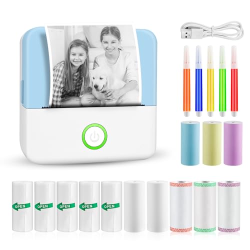 GuKKK Mini-printer, mobiele fotoprinter, draagbare mini-fotoprinter, draadloze fotoprinter, thermische printer, met 13 rollen printerpapier en 5 kleurpotloden, smartphone bluetooth-printer, voor