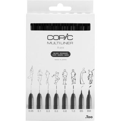 Copic Multiliner set zwart, 8 pennen in 8 verschillende lijndikten met watervaste pigmentinkt, veeg- en UV-bestendig, voor schetsen en illustraties Copic Multiliner set zwart, 8 pennen in 8 verschillende lijndikten met watervaste pigmentinkt, veeg- en UV-bestendig, voor schetsen en illustraties