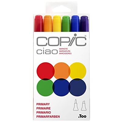 Copic Ciao Marker Set "Primary" met 6 kleuren, all-round layout markers op alcoholbasis, in praktische acryl display voor opslag en eenvoudige verwijdering Copic Ciao Marker Set "Primary" met 6 kleuren, all-round layout markers op alcoholbasis, in praktische acryl display voor opslag en eenvoudige verwijdering
