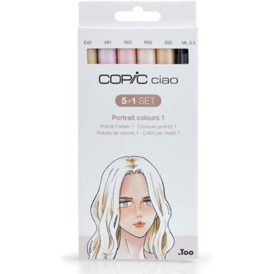 Copic Ciao Marker 5+1 Set "Portrait Colours", 5 allround markers op alcoholbasis met een medium breedte en een penseelpunt, incl. 1 Multiliner 0,3 mm Copic Ciao Marker 5+1 Set "Portrait Colours", 5 allround markers op alcoholbasis met een medium breedte en een penseelpunt, incl. 1 Multiliner 0,3 mm