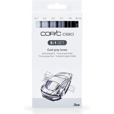 Copic Ciao Marker 5+1 Set "Grijstinten", 5 allround lay-outmarkers met een gemiddelde breedte en een penseelpunt, incl. 1 multiliner 0,3 mm Copic Ciao Marker 5+1 Set "Grijstinten", 5 allround lay-outmarkers met een gemiddelde breedte en een penseelpunt, incl. 1 multiliner 0,3 mm