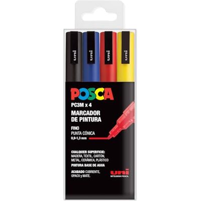POSCA Uni-Ball UNIPC3M/4C BASICUD viltstiften, 4 stuks, Basic PC3M fijn, blauw, standaard POSCA Uni-Ball UNIPC3M/4C BASICUD viltstiften, 4 stuks, Basic PC3M fijn, blauw, standaard