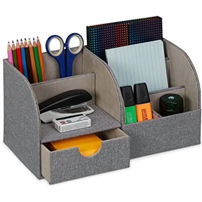 Relaxdays bureau organizer, met lade, 6 vakken, look van linnen, HBD: 14,5 x 28 x 14,5 cm, pennenbak kantoor, grijs Relaxdays bureau organizer, met lade, 6 vakken, look van linnen, HBD: 14,5 x 28 x 14,5 cm, pennenbak kantoor, grijs