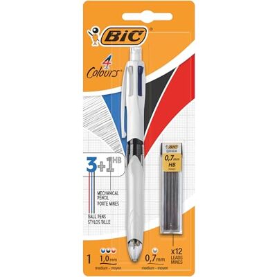 BIC 4-kleurige balpen "4 kleuren 3+1 HB" drie balpenvullingen en een potlood in een pen, doosje Blister à 1 stuks 1 Stuk multicolor BIC 4-kleurige balpen "4 kleuren 3+1 HB" drie balpenvullingen en een potlood in een pen, doosje Blister à 1 stuks 1 Stuk multicolor