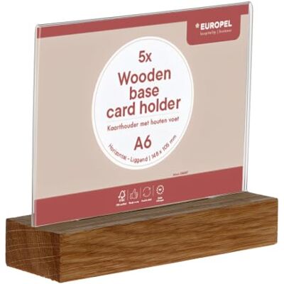 Europel Kaarthouder van acryl met eikensokkel A6 horizontaal, 5 stuks, dubbelzijdige tafelstandaard, transparante houder voor prijskaartjes, menu's, informatie en posters Europel Kaarthouder van acryl met eikensokkel A6 horizontaal, 5 stuks, dubbelzijdige tafelstandaard, transparante houder voor prijskaartjes, menu's, informatie en posters