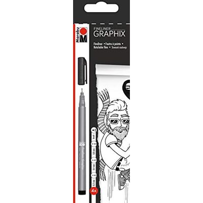 Marabu 014600000101 Fineliner Graphix, 4 stiften in zwart met lijndikte 0,2 mm, 0,4 mm, 0,8 mm en brush, briljante kleur, pigmentinkt op waterbasis, metalen kunststof punt Marabu 014600000101 Fineliner Graphix, 4 stiften in zwart met lijndikte 0,2 mm, 0,4 mm, 0,8 mm en brush, briljante kleur, pigmentinkt op waterbasis, metalen kunststof punt