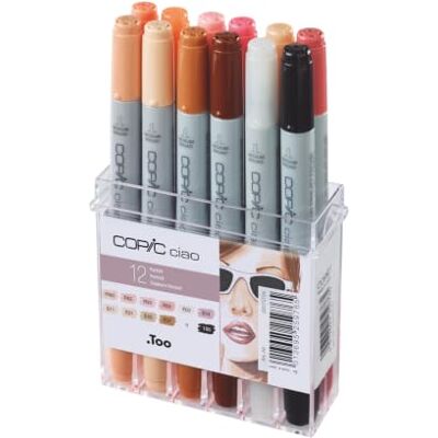 Copic Ciao Marker Set van 12 "Portrait Colours", all-round layout markers op alcoholbasis, in praktische acryl display voor opslag en gemakkelijke verwijdering. Copic Ciao Marker Set van 12 "Portrait Colours", all-round layout markers op alcoholbasis, in praktische acryl display voor opslag en gemakkelijke verwijdering.