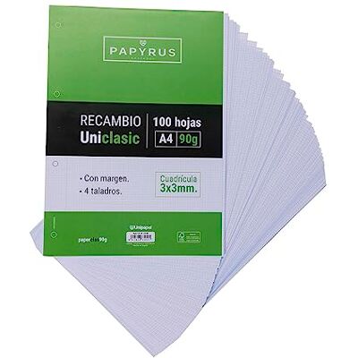 Unipapel Geruite vulling, 3 x 3 mm, 90 g, met rand, 4 gaten, papier, wit, A4, 100 vellen Unipapel Geruite vulling, 3 x 3 mm, 90 g, met rand, 4 gaten, papier, wit, A4, 100 vellen