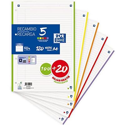 Oxford , A4 gelinieerd, geperforeerd, liniatuurnavulling, 1 regel, 120 vellen, 4 gaten, 5 kleurrijke strepen Oxford , A4 gelinieerd, geperforeerd, liniatuurnavulling, 1 regel, 120 vellen, 4 gaten, 5 kleurrijke strepen