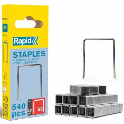 Rapid Nieten No. 53, 20 mm, dundraadnieten van gegalvaniseerd staal, 540 stuks, voor hout, stoffen en textiel Rapid Nieten No. 53, 20 mm, dundraadnieten van gegalvaniseerd staal, 540 stuks, voor hout, stoffen en textiel