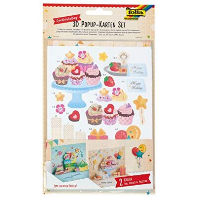 folia 3D pop-up verjaardag, doe-het-zelf set voor 2 wenskaarten met 2 enveloppen met stansen en 3D-stickers, 11601 folia 3D pop-up verjaardag, doe-het-zelf set voor 2 wenskaarten met 2 enveloppen met stansen en 3D-stickers, 11601