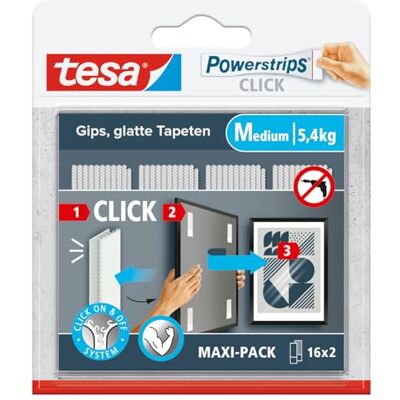 tesa Powerstrips CLICK Zelfklevende Strips voor Vast- en Losklikken van Fotolijsten en Wanddecoratie, zonder Boren Kleefstrips met ON en OFF Kliksysteem Medium 16 x 2 Stuks tesa Powerstrips CLICK Zelfklevende Strips voor Vast- en Losklikken van Fotolijsten en Wanddecoratie, zonder Boren Kleefstrips met ON en OFF Kliksysteem Medium 16 x 2 Stuks