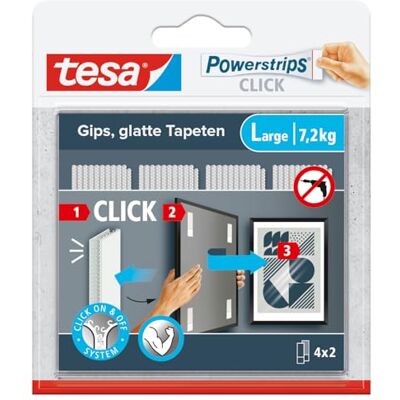 tesa Powerstrips CLICK Large 4 x 2 Stuks Klittenbandplakpads om fotolijsten en wanddecoraties vast en los te klikken zonder te boren ON- en OFF-klik-systeem tesa Powerstrips CLICK Large 4 x 2 Stuks Klittenbandplakpads om fotolijsten en wanddecoraties vast en los te klikken zonder te boren ON- en OFF-klik-systeem