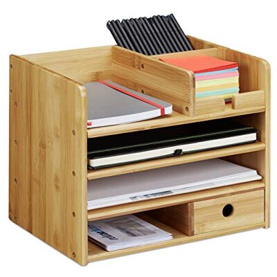 Relaxdays bureau organizer bamboe, voor A4-documenten, vakjes voor memo's en stiften, met lade, voor meer orde, bamboe Relaxdays bureau organizer bamboe, voor A4-documenten, vakjes voor memo's en stiften, met lade, voor meer orde, bamboe