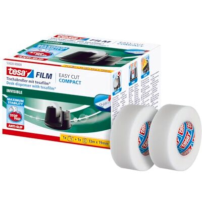 tesa Bureaudispenser Compact met 3 Rollen film Invisible Zwart Tapehouder in set met 3 x tape, 33 m x 19 mm afroller met antislipbodem voor een stevige grip tesa Bureaudispenser Compact met 3 Rollen film Invisible Zwart Tapehouder in set met 3 x tape, 33 m x 19 mm afroller met antislipbodem voor een stevige grip