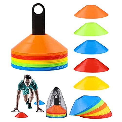 Birshe 50 stuks markeerhoedjes, sporthoedjes met standaard, nettas, voetbalhoedjes, set voor voetbal, hockey, schaatsen, handbal of trainingshulp voor coördinatie (5 kleuren)