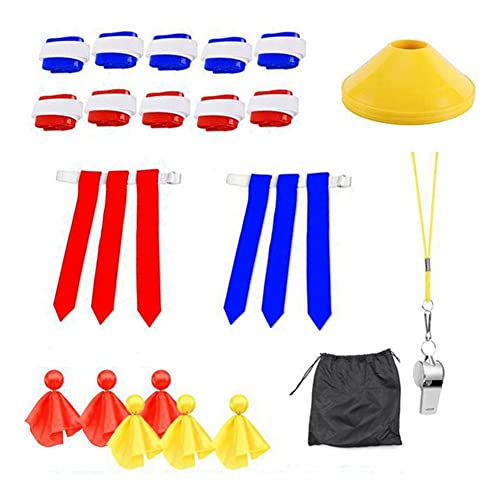 Luejnbogty Flag Football Set Vlag Voetbal Accessoires 10 Riemen 30 Vlaggen, 4 Kegels, 6 Strafvlaggen, 1 Fluitje, Vlaggenriem Gemakkelijk te scheuren voor Tiener Vlag Voetbal