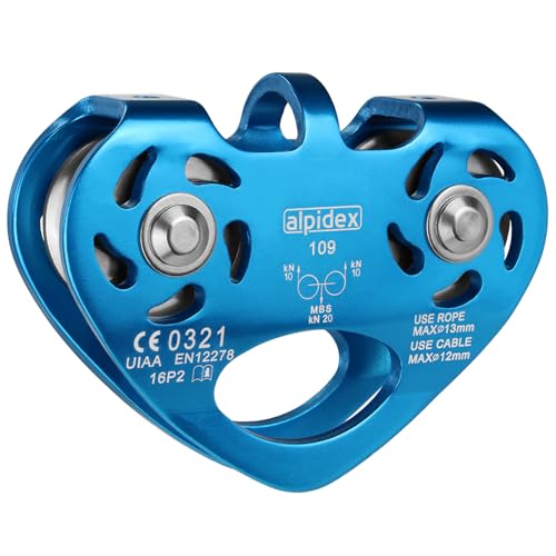 ALPIDEX Katrol Spanrol 20 kN Tandem Pulley Voor Textieltouwen Tot 13 mm En Voor Staalkabels Tot 12 mm EN12278, Kleur: Blauw