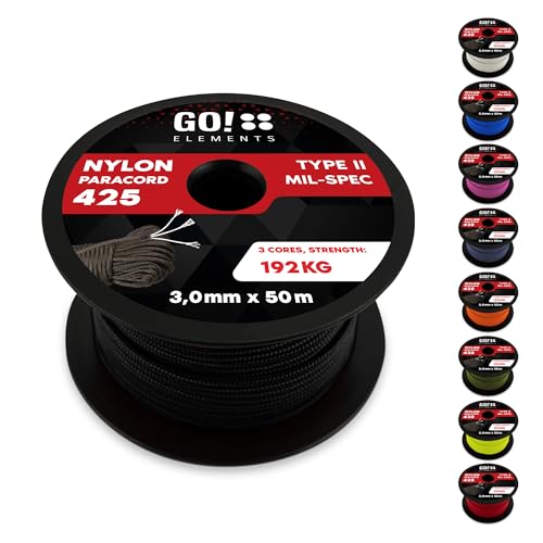 GO!elements 50m Paracord touw van scheurvast nylon 3mm Paracord 425 type II koorden als outdoor touw, all-purpose touw, overlevings touw, polsband, hondenriem nylon koord, max. 192kg, Zwart