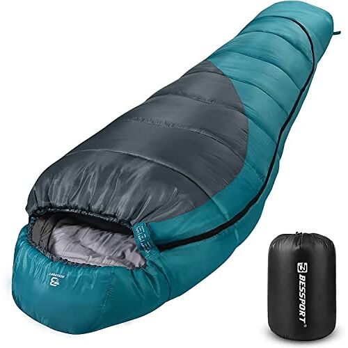 Bessport Slaapzak winter outdoor, 10 °C 7 °C mummieslaapzak voor 3-4 seizoenen, 400 g/m² winterslaapzak, kleine verpakkingsmaat & ultralichte slaapzak, camping en trekking