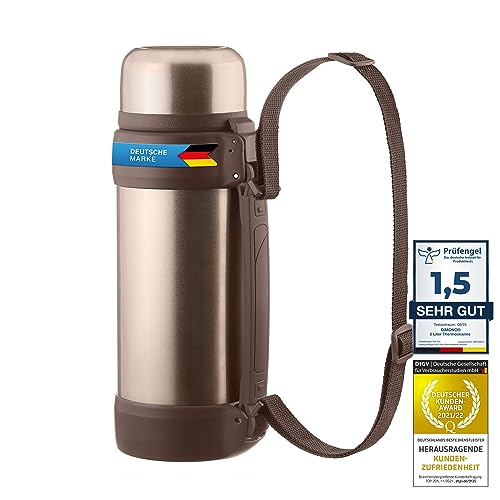 Dimono ® thermosfles vacuüm XXL 2 liter thermosfles dubbelwandig geïsoleerd thermosfles iso thermosfles met beker en draagriem (Brons metallic)