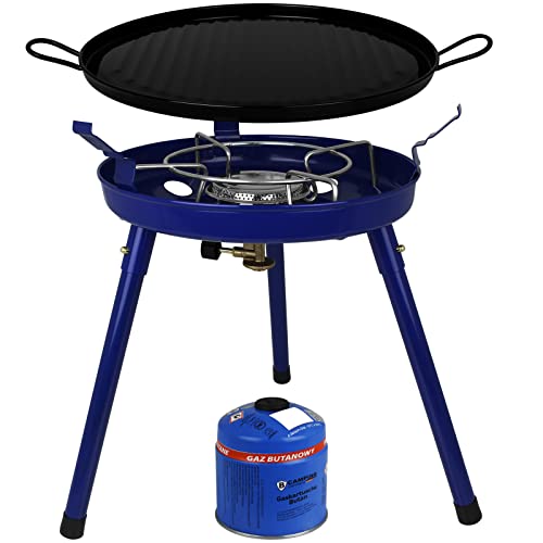 TW24 Camping gasgrill 3-in-1 incl. 1 gaspatroon met schroefventiel 500 g campingkooktoestel gas grill gasfornuis cartridge set campinggrill, blauw, 39,5 x 36 cm