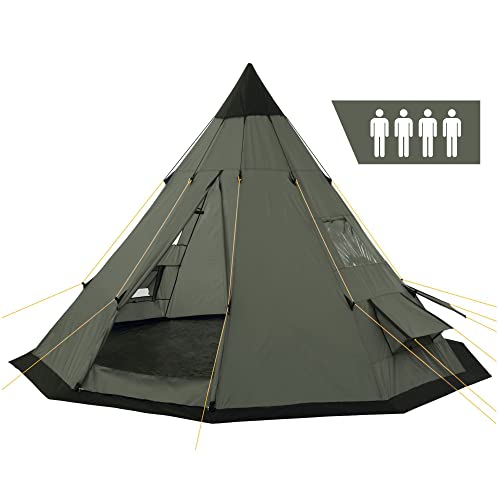 CampFeuer Tipi Spirit tent voor 4 personen, indianentent voor kamperen, wandelen, 3000 mm waterkolom, noktent, piramidetent, ronde tent, groepstent, campingtent, familietent, olijfgroen