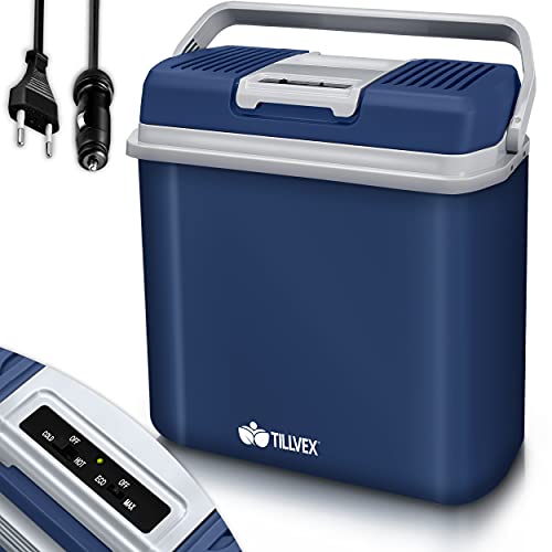 tillvex Koelbox elektrisch 24 liter, mini-koelkast 230 V en 12 V, voor auto, camping, koelt en verwarmt, ECO-modus (blauw)