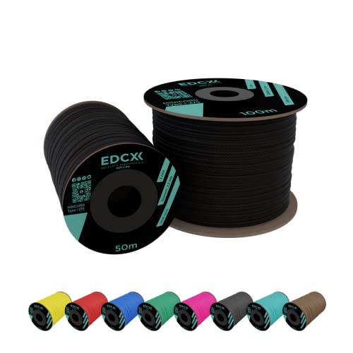 EdcX 2 mm Nylon Paracord 275 (50 en 100 m)– 100% Nylon touw, 3-Strengs koord, Nylon koord 2 mm in vele kleuren (Black, 100 m)