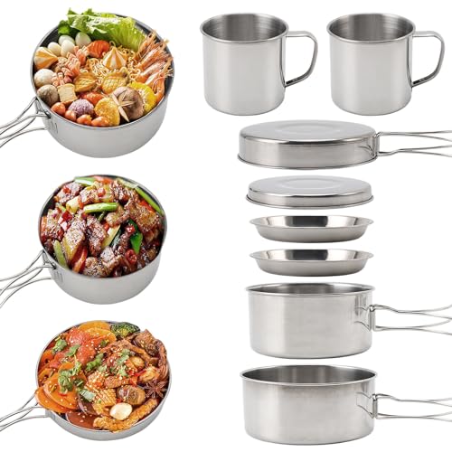 SANON 8 stks Camping Kookgerei Mess Kit, Camping Kookset, Camping Potten En Pannen Set, Camping Pan, Mess Tins, RVS Potten Pan Platen Set, voor Wandelen Picknick