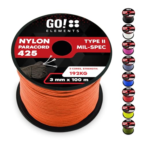 GO!elements 100m Paracord touw van scheurvast nylon 3mm Paracord 425 type II koorden als outdoor touw, all-purpose touw, overlevings touw, polsband, hondenriem nylon koord, max. 192kg, Oranje