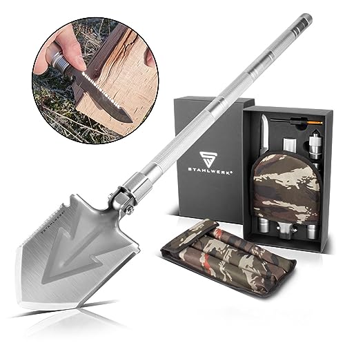 STAHLWERK Multigereedschap/Multifunctioneel Gereedschap/Outdoor Survival Kit met Spade, Multifunctioneel Mes, Zaag, Noodhamer en Signaal Fluit met Vuurstaal