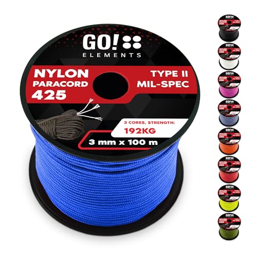 GO!elements 100m Paracord touw van scheurvast nylon 3mm Paracord 425 type II koorden als outdoor touw, all-purpose touw, overlevings touw, polsband, hondenriem nylon koord, max. 192kg, Blauw