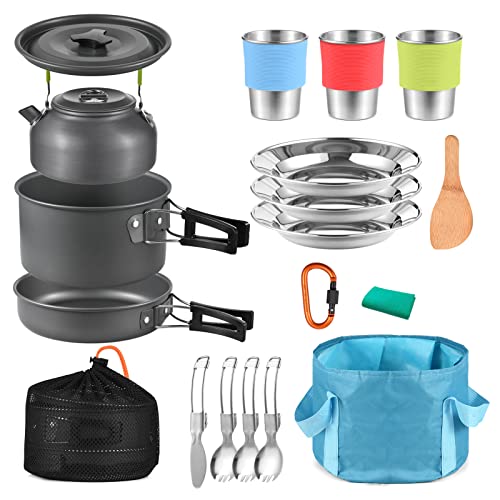 Irfora Kookgerei voor camping, 22-delig campingkookgerei, kookgerei, campingpot en pan, kookset, outdoor, camping, wandelen, rugzakreizen, survival gear