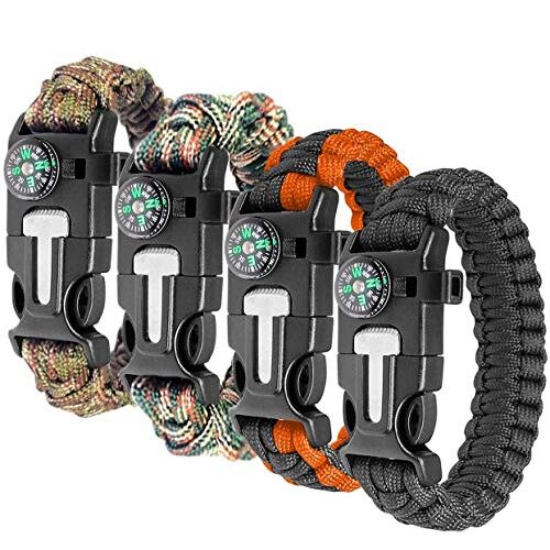 Ember Rock Survivalarmband kit, set van 4 voor outdoor, survival, survivalkit, outdoor, armband, survivalarmband, paracord-armband, heren, survivalarmband, vuursteen, kompas, voor outdooractiviteiten