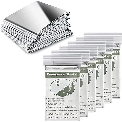 Tuokay , 2,1M x 1,6M Reddingsdeken 6-pack Folie Nooddeken Waterdichte Overlevingsdeken Perfect voor Buiten Wandelen Survival Marathons of EHBO (Zilver)