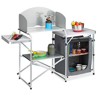 Relaxdays campingkeuken met windscherm, inklapbaar, draagtas, campingkast, aluminium & MDF, HBD 111x147x46 cm, wit-grijs Relaxdays campingkeuken met windscherm, inklapbaar, draagtas, campingkast, aluminium & MDF, HBD 111x147x46 cm, wit-grijs