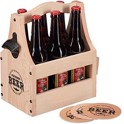 Relaxdays bierdrager van hout, met flesopener & bierviltjes, bierhouder voor 6 flessen, flessenhouder bier, naturel Relaxdays bierdrager van hout, met flesopener & bierviltjes, bierhouder voor 6 flessen, flessenhouder bier, naturel