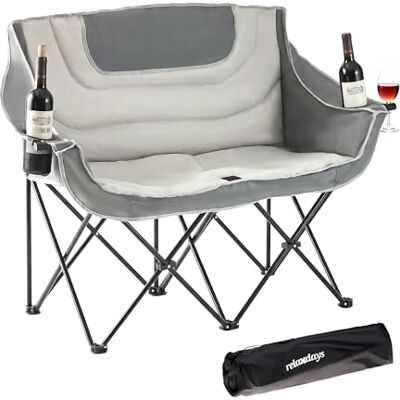 Relaxdays dubbele campingstoel, opvouwbaar, draagtas, bekerhouder, 272 kg, polyester en staal, grijs, 95x139x53 cm Relaxdays dubbele campingstoel, opvouwbaar, draagtas, bekerhouder, 272 kg, polyester en staal, grijs, 95x139x53 cm