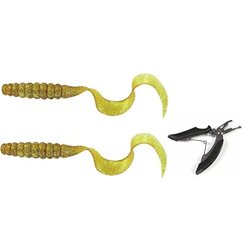 STMK Set: 2 stuks XXL Twister rubberen vissen ca. 30 cm Big-Bait Gold Glitter sleepaas + gratis visschaar