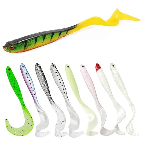 XPEX 8 stuks rubberen vissen snoek en snoekbaars met twisterstaart 12 cm 6 g, met haakzakken voor offset haken en standaard jigkoppen, rubberen vissen voor snoek, snoekbaars, snoekbaars, snoekbaars,