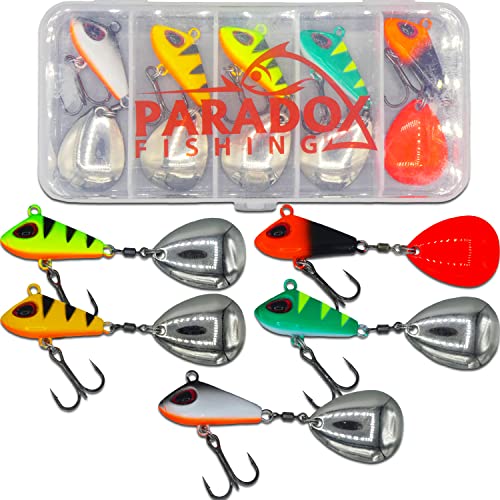 Paradox Fishing Paradox vissen, jig spinner, set van 5, 15 g, spin jig voor baars, vissen, baars, lokaas, snoek, lokaas, loodkopspinner, spinnerbait, spinner, tailspinner – optimaal baarsaas 15g